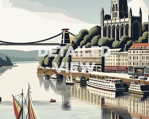 Illustration of Bristol featuring the Clifton Suspension Bridge and boats on the river.