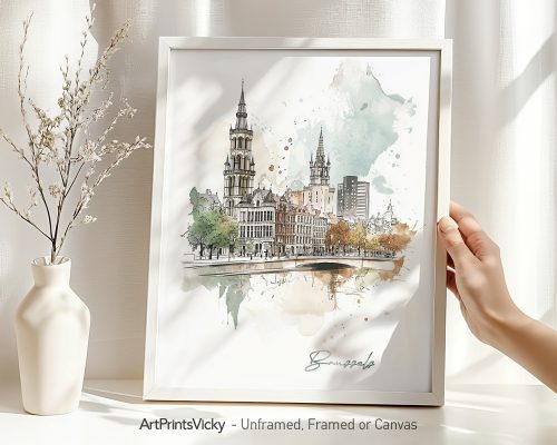 Framed artwork depicting a watercolor illustration of Brussels cityscape with notable buildings.