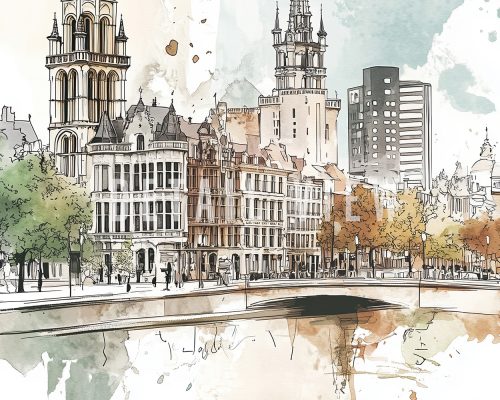 Illustration of Brussels featuring historical buildings and modern architecture along a waterway.