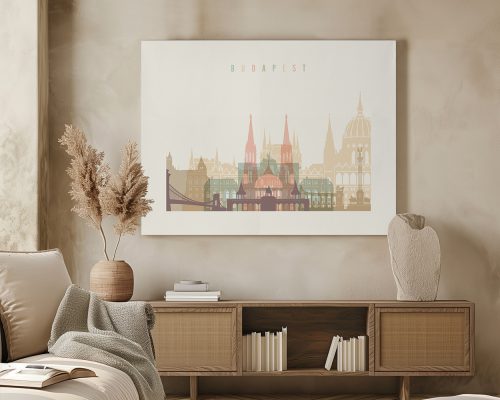 Artistic representation of Budapest's skyline featuring notable buildings and structures.