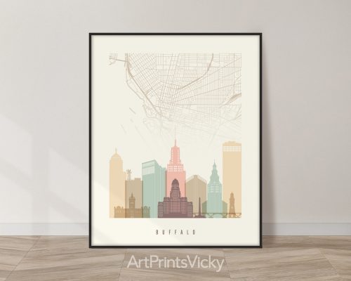 Buffalo city map with skyline poster in Pastel Cream theme by ArtPrintsVicky.