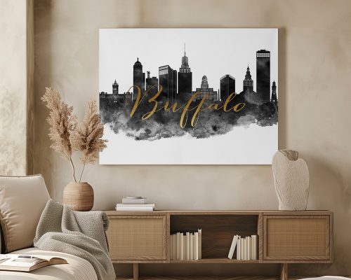 Black and white skyline illustration of Buffalo with gold lettering on a wall.