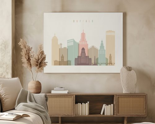 Artistic representation of the Buffalo city skyline featuring various buildings in muted colors.