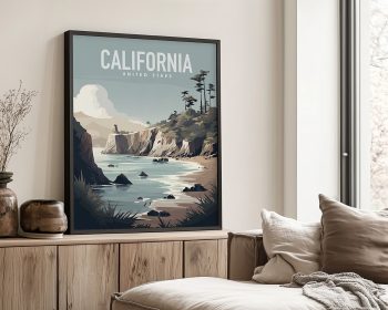 Art print featuring a California landscape with mountains, trees, and a river.