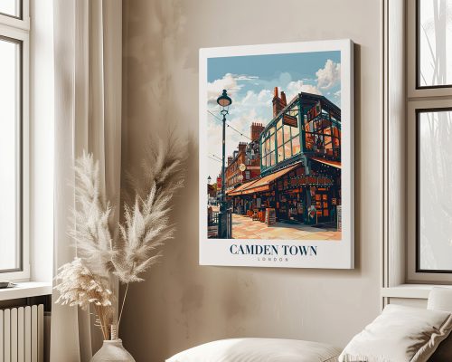 Art print of a building in Camden Town, London, featuring a sign with 'Camden Town' and a clear sky.