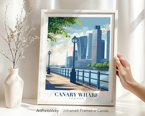 Framed artwork of Canary Wharf in London featuring modern skyscrapers and waterfront.