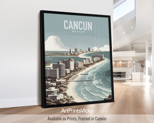 A travel poster of Cancun featuring a vibrant color palette and captivating beach scenery by ArtPrintsVicky