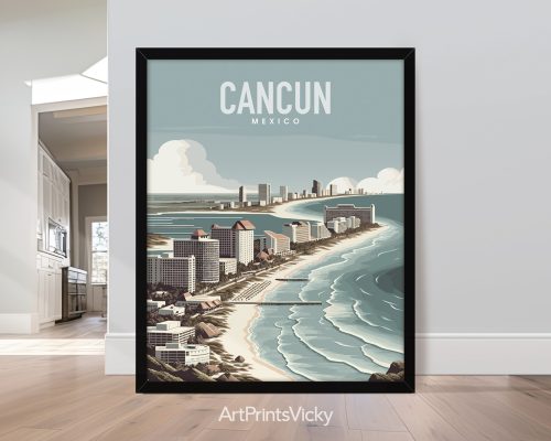 A travel poster of Cancun featuring a vibrant color palette and captivating beach scenery by ArtPrintsVicky