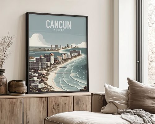 Art print featuring a stylized view of Cancun, Mexico with buildings and coastline.