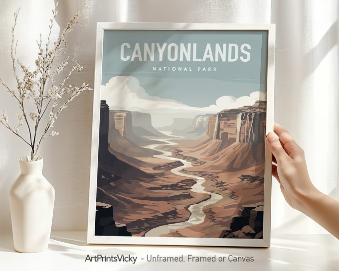 Art print of Canyonlands National Park featuring a stylized landscape with a winding river and canyon formations.
