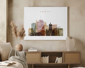 Artistic representation of Cardiff skyline with various buildings and structures in muted colors.