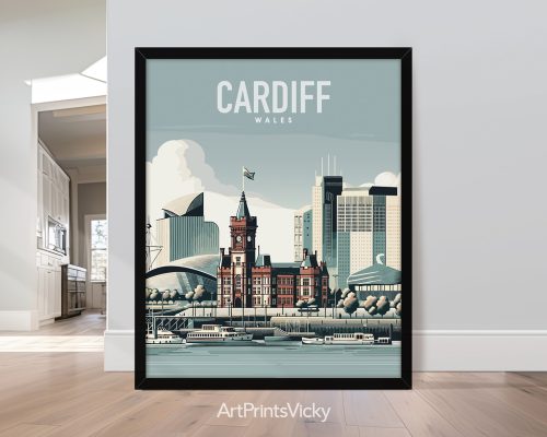 Cardiff skyline in travel poster style and smooth colors by ArtPrintsVicky