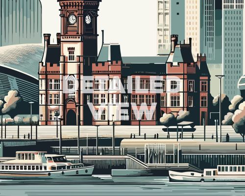 Illustration of Cardiff City Hall with boats in the foreground and modern buildings in the background.