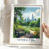 Illustration of Central Park featuring a path, bench, and skyline in the background.