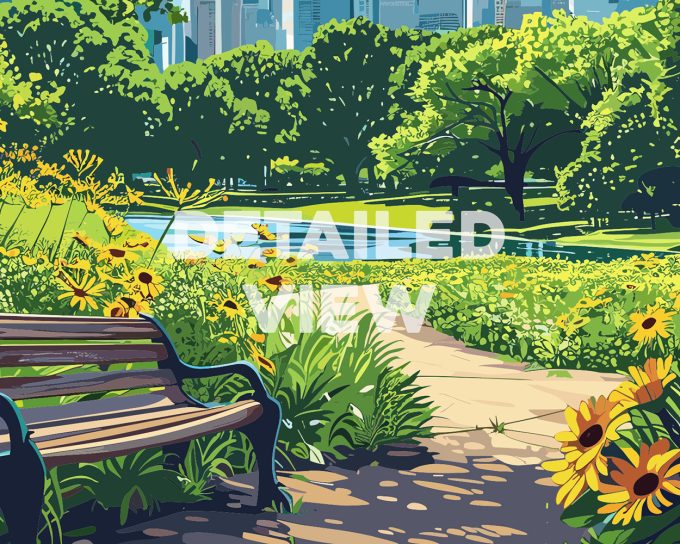 Illustration of a park pathway with a bench surrounded by greenery and flowers.