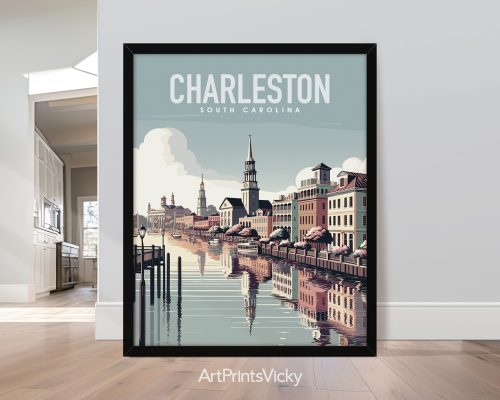 Charleston skyline in travel poster style and smooth colors by ArtPrintsVicky