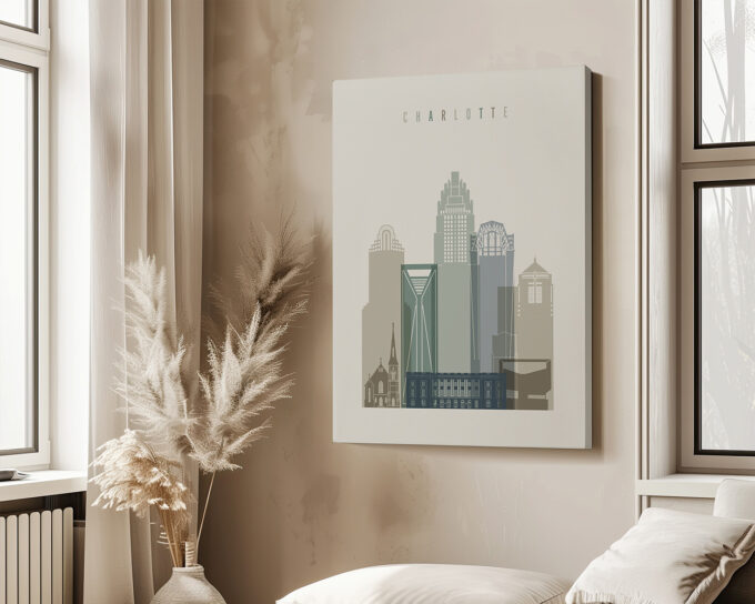 Art print featuring the skyline of Charlotte with various buildings in a minimalist design.