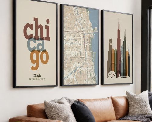 Chicago Wall Art Set of 3 Prints, Map, Skyline