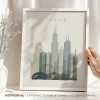 Framed print of a cityscape featuring Chicago's skyline with notable buildings and a Ferris wheel.