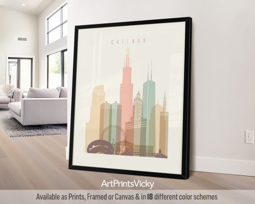 Chicago city skyline print in a warm Pastel Cream color theme by ArtPrintsVicky