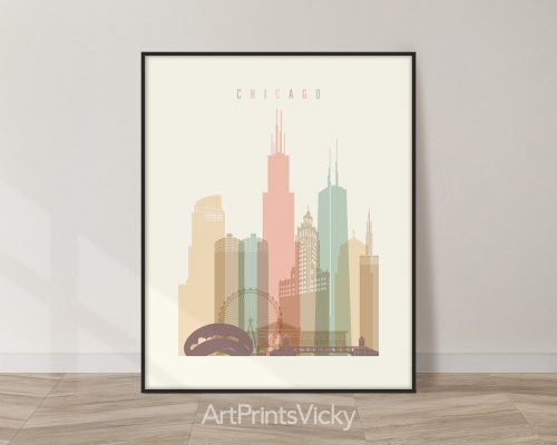 Chicago city skyline print in a warm Pastel Cream color theme by ArtPrintsVicky