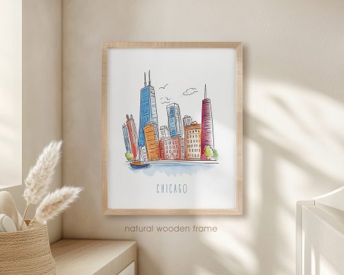 Illustration of the Chicago skyline in a natural wooden frame on a wall.
