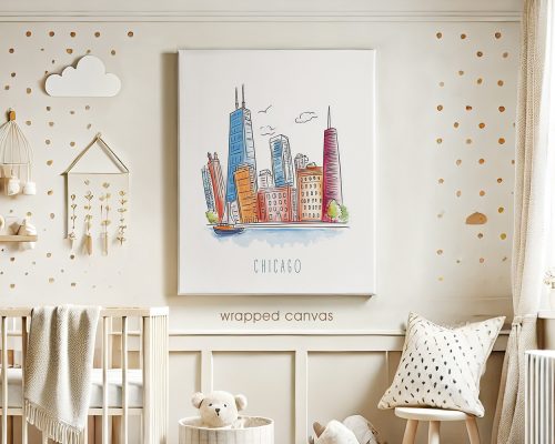 Colorful watercolor illustration of the Chicago skyline, perfect for nursery decor by ArtPrintsVicky