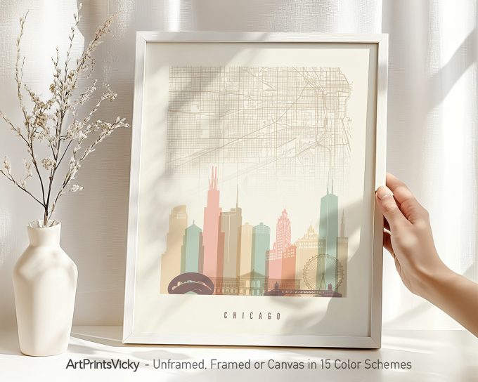 Framed map of Chicago featuring a detailed layout and skyline in soft colors.