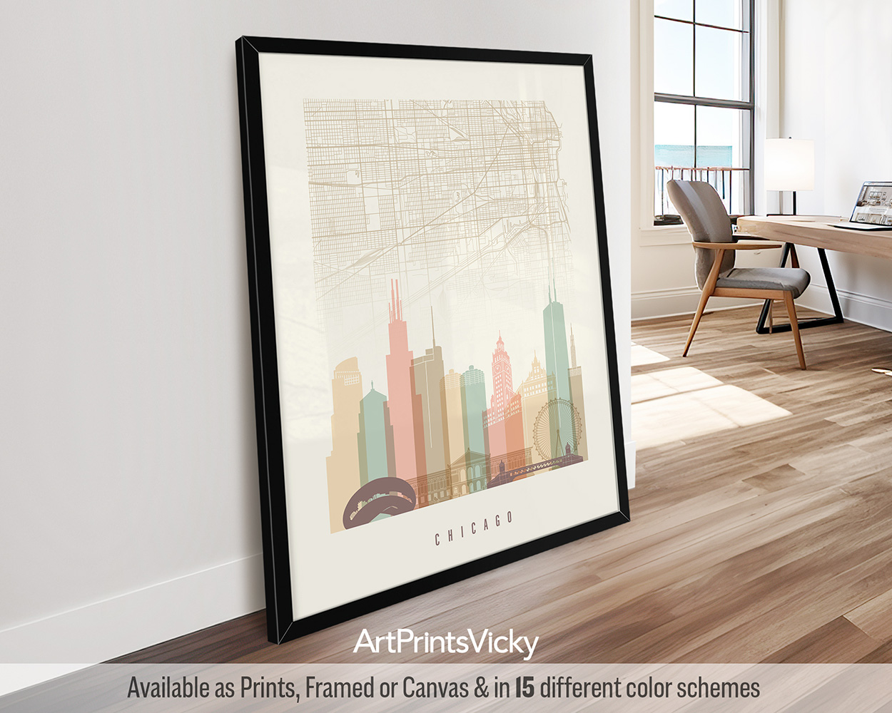 Chicago city map with skyline poster in Pastel Cream theme by ArtPrintsVicky.