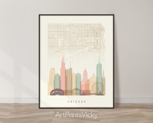 Chicago city map with skyline poster in Pastel Cream theme by ArtPrintsVicky.