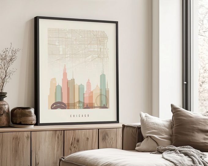 Artistic representation of a Chicago city map with skyline and landmarks in pastel colors.