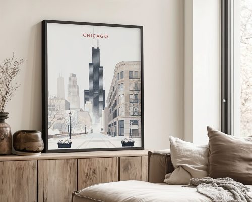 Framed minimalist artwork of Chicago featuring the Willis Tower and surrounding buildings.