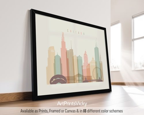 Chicago city skyline print rendered in a warm Pastel Cream palette with landscape orientation by ArtPrintsVicky