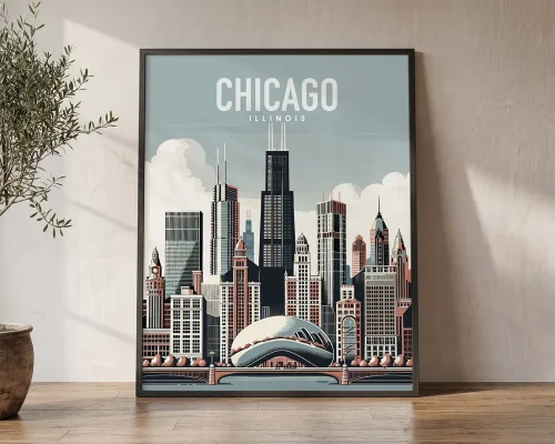 Chicago Skyline Travel Poster Wall Art Print | ArtPrintsVicky