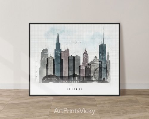 Chicago landscape skyline featuring iconic skyscrapers, the Bean (Cloud Gate), and vibrant cityscape in a bold Urban 1 style with strong lines, by ArtPrintsVicky.