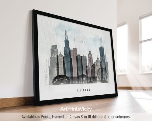 Framed artwork depicting a skyline view of Chicago with notable buildings and a bridge.