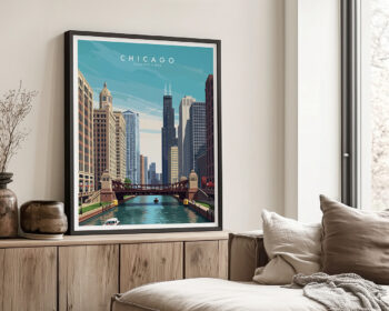 Framed wall art print depicting a cityscape of Chicago with buildings and a river.