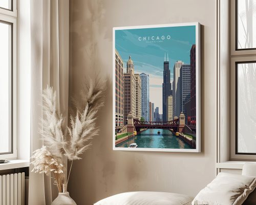 Illustration of a Chicago cityscape featuring buildings and a river with a bridge.