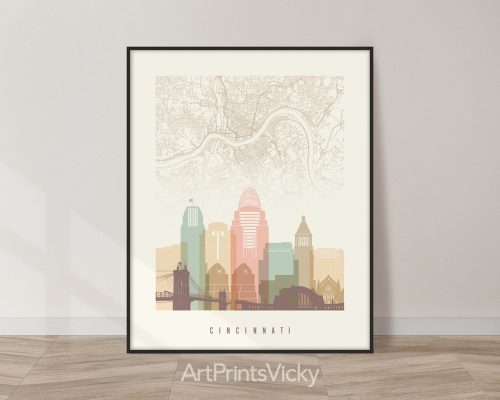 Cincinnati Map & Skyline Art in Warm Pastels by ArtPrintsVicky