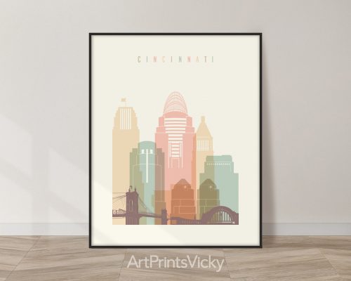 Cincinnati city skyline print in a warm Pastel Cream color theme by ArtPrintsVicky