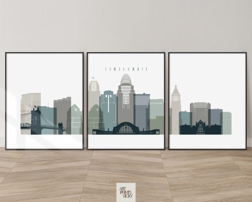 Cincinnati skyline triptych featuring the Roebling Suspension Bridge, iconic landmarks, and vibrant cityscape in a cool, natural "Earth Tones 4" palette, divided into three contemporary prints. by ArtPrintsVicky.