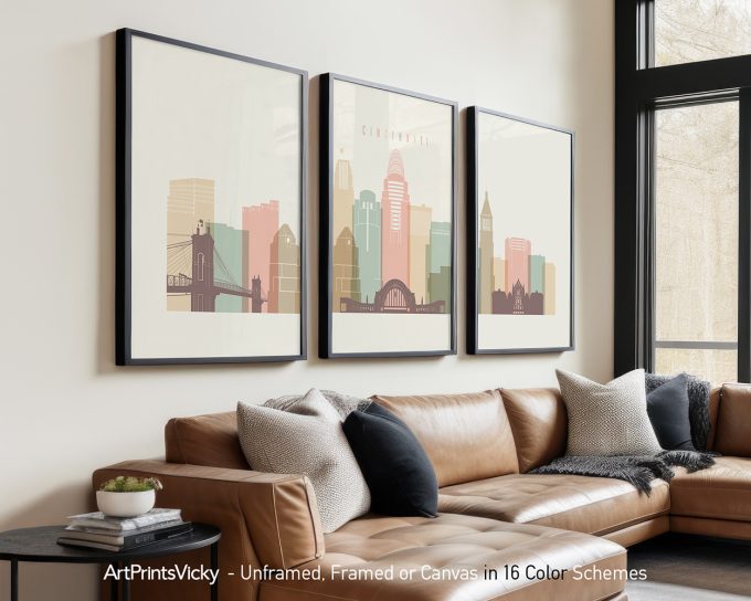 Three framed art prints depicting a stylized cityscape of Cincinnati with buildings and a bridge.