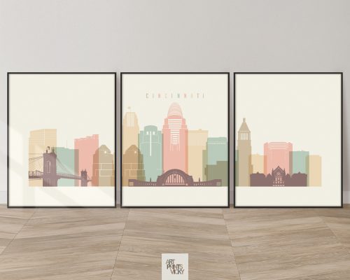 Warm pastel cream Cincinnati skyline set of 3 prints by ArtPrintsVicky
