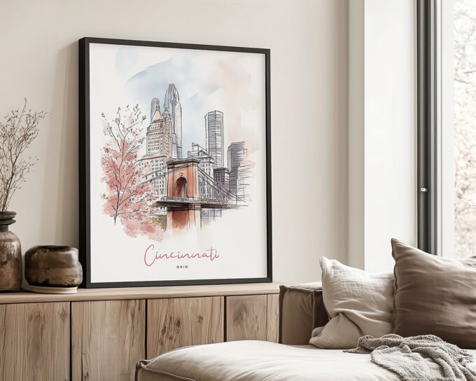 A black framed art print of Cincinnati in watercolor drawing with soft pastel tones.