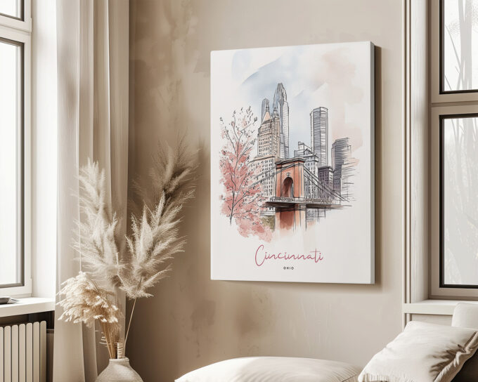 A Canvas art print of Cincinnati in watercolor drawing with soft pastel tones.
