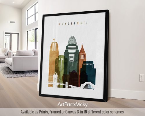 Cincinnati city print featuring the Roebling Suspension Bridge, Carew Tower, iconic landmarks, and vibrant cityscape in a rich and textured, bold Watercolor 3 style. by ArtPrintsVicky.