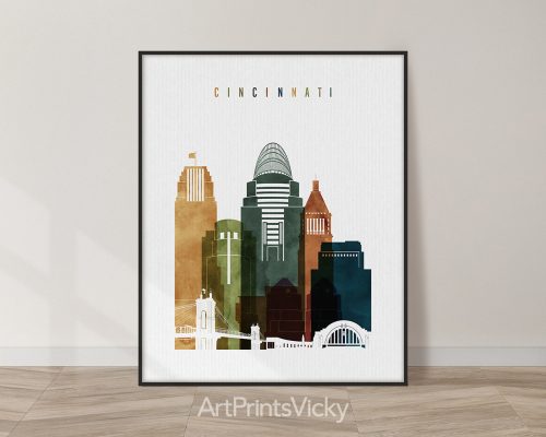 Cincinnati city print featuring the Roebling Suspension Bridge, Carew Tower, iconic landmarks, and vibrant cityscape in a rich and textured, bold Watercolor 3 style. by ArtPrintsVicky.