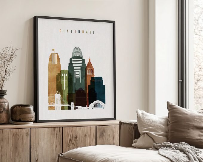 Art print of Cincinnati skyline featuring various buildings and structures in muted colors.