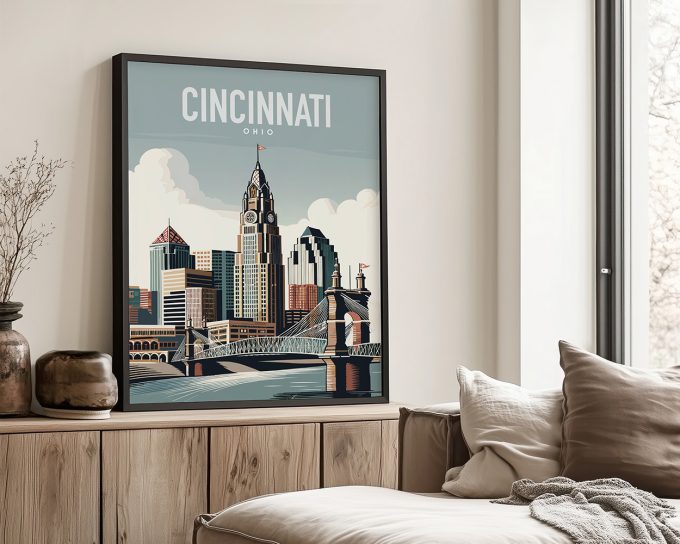 Art print of Cincinnati skyline featuring buildings and a bridge with the text 'Cincinnati, Ohio'.