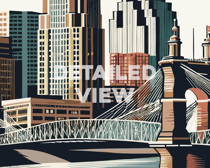Illustration of Cincinnati skyline featuring buildings and a bridge with a detailed view label.